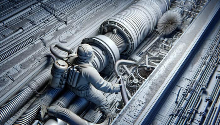 Technician using high-powered vacuum and rotary brush to clean ventilation system, removing dust and debris.