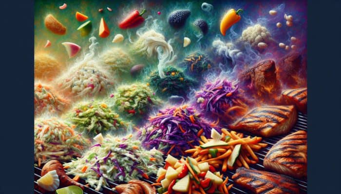 Best Side Dishes for BBQ Competitions: Colorful coleslaw variations served with smoky grilled meats at a vibrant BBQ.