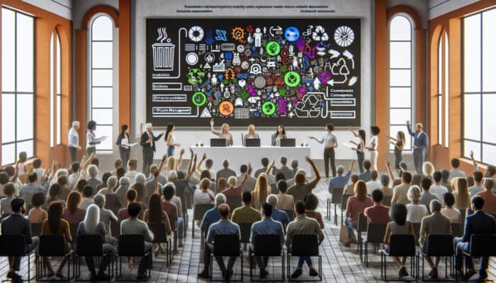 Diverse group at town hall discussing waste disposal, with charts and diagrams.