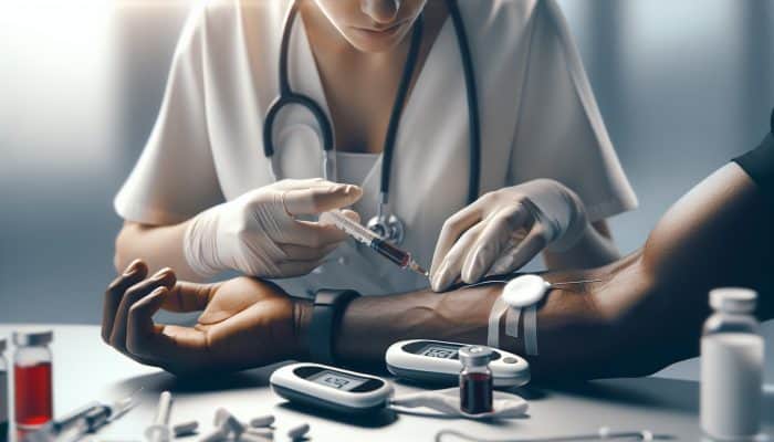 Diabetes Blood Test in Ashington: A medical professional drawing blood from a patient's arm in a clinic, using a syringe and glucose monitor.