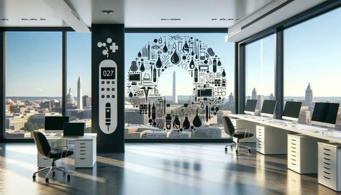 Infographic on diabetes blood testing insights in a modern medical office, Ashington skyline visible.