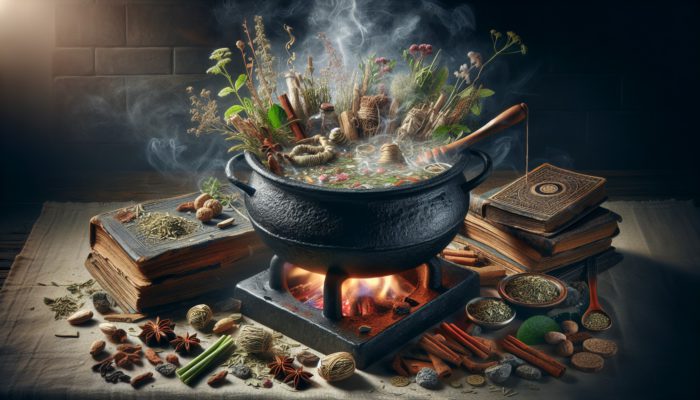 Crafting Multi-Herb Decoctions: A steaming pot of multi-herb decoction with ginseng, licorice, and chamomile on a traditional stove, surrounded by ancient medicinal books.