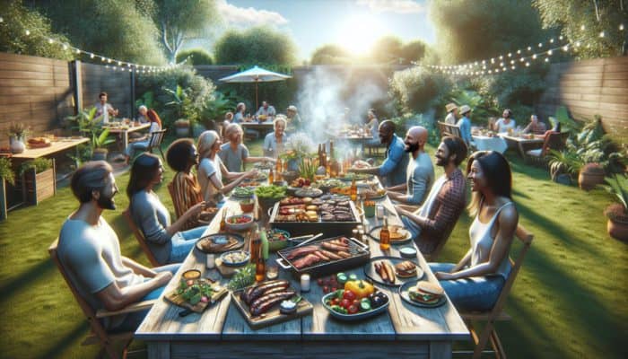 A vibrant BBQ setup featuring grilled meats, colourful sides, and friends enjoying a feast in a sunlit backyard.