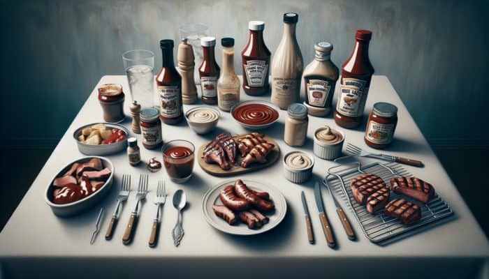 A table adorned with Kansas City BBQ sauce in a jar, Alabama white sauce in a bowl, and a custom BBQ sauce in a bottle, accompanied by grilling tools and meats.