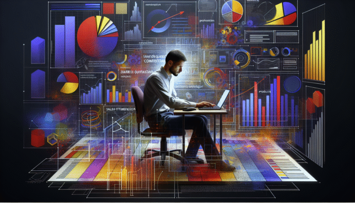 Utilising Content to Target Commercial Intent: A person analysing search query data on a computer, surrounded by marketing strategy documents and product images.