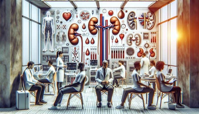 A diverse group receiving kidney blood tests in a clinic, emphasising health awareness and prevention.