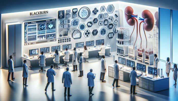 A modern lab in Blackburn equipped with advanced technology for accurate and less invasive kidney blood tests, focusing on biomarker research.
