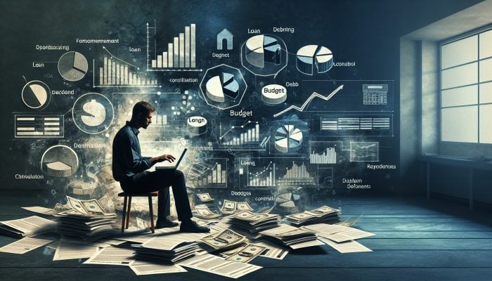 Person tracking expenses on laptop with budget charts and loan document, managing finances post-debt consolidation.