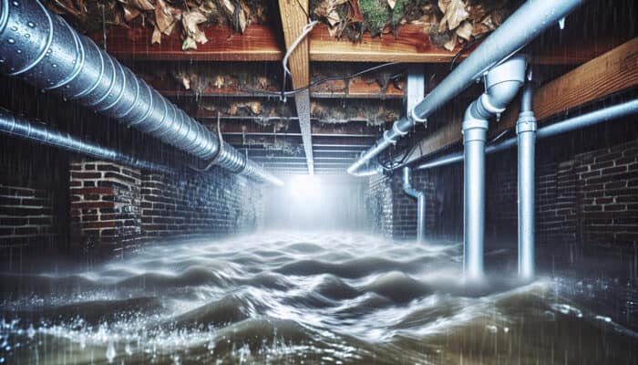 Crawl Space Drainage Services in Delta: Crawl space beneath a house in Delta with drainage systems removing excess water during heavy rainfall.
