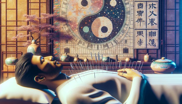 A serene acupuncture session in a traditional Chinese setting, with fine needles on a patient, surrounded by healing symbols.