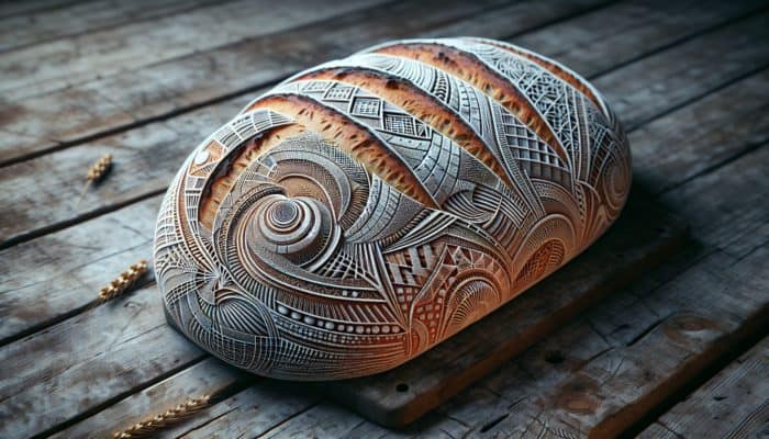 Intricate scoring patterns on artisan bread, enhancing crust texture, on a rustic wooden table.
