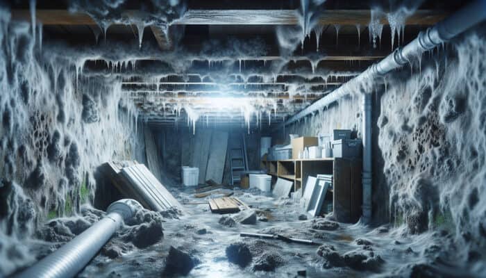 Crawl Space Drainage Services in Surrey: A damp, moldy crawl space in a Surrey home showing water damage and musty odour.