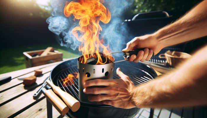 Hands using a chimney starter to ignite charcoal on a rustic grill, flames and smoke in a sunny backyard.