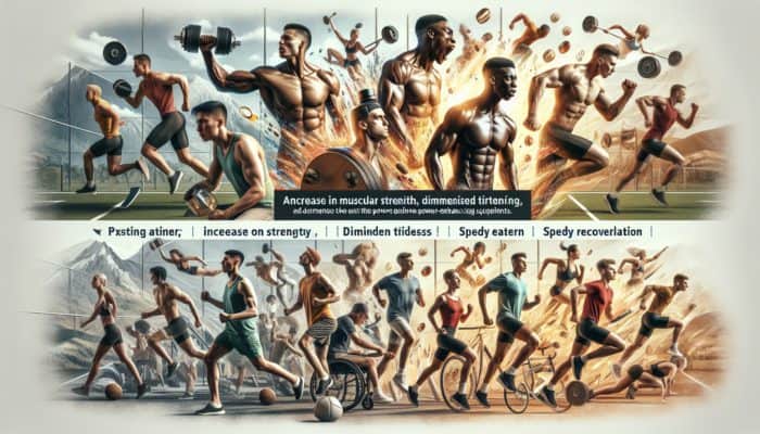 Increasing Power Output With Supplements: Athletes using power-enhancing supplements in various sports, showing increased energy and reduced fatigue.