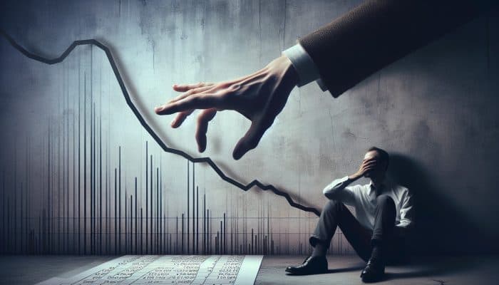 A distressed worker's paycheck being seized by a creditor, symbolizing wage garnishment, with a backdrop of financial strain and declining credit score.