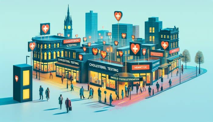 Manchester city scene with signs for cholesterol testing facilities and a map highlighting these locations.