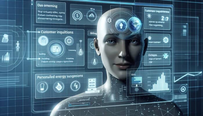 A friendly digital avatar efficiently manages customer inquiries on a modern interface, providing instant support for billing, outages, and personalized energy usage recommendations in the energy sector.