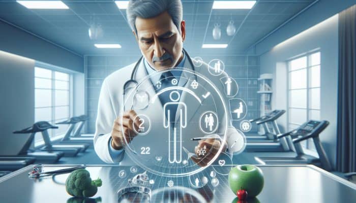 A healthcare professional analyzing a patient's cholesterol results on a medical chart in a clinic.