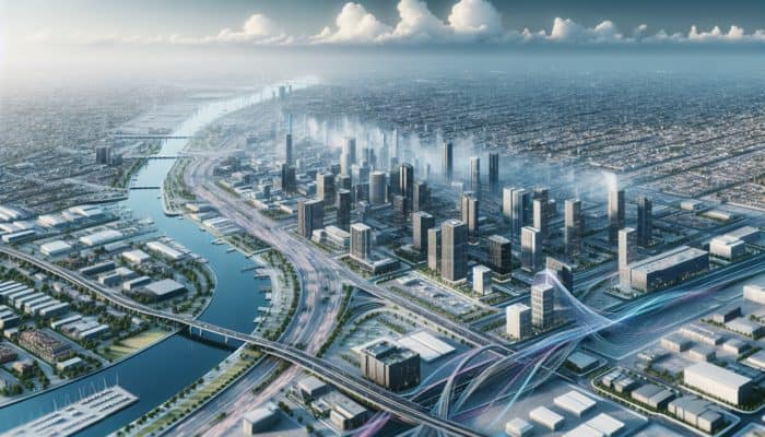 Aerial view of Boksburg showcasing new transport links, commercial developments, upgraded utilities, and community facilities.