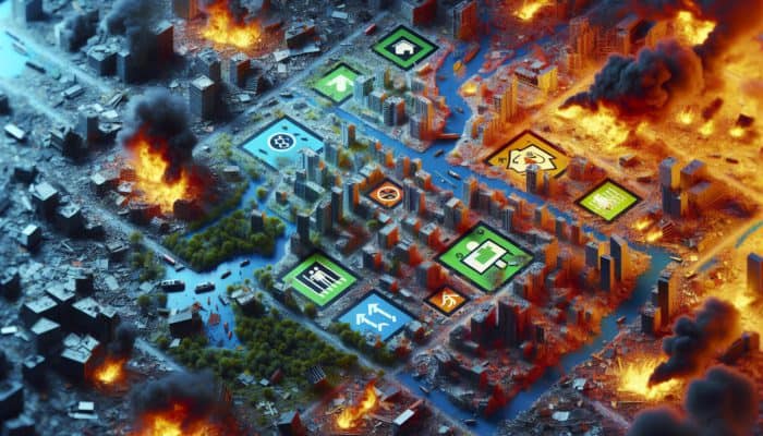 A map displaying primary, secondary, and tertiary impact zones with color-coded damage levels, showing damaged buildings, fires, debris, and safe evacuation routes in green.