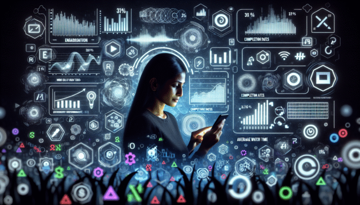 Person analyzing mobile video performance on smartphone with graphs showing engagement, completion, and watch time using Google Analytics.