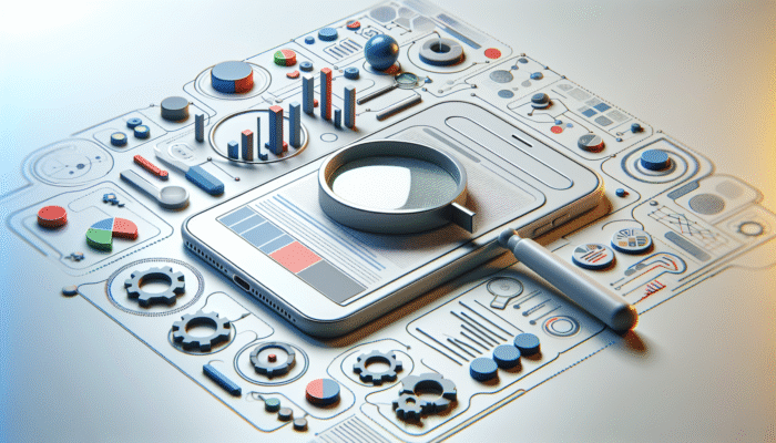 Smartphone showcasing search results with optimised title tags, magnifying glasses, and graphs illustrating mobile search optimisation.