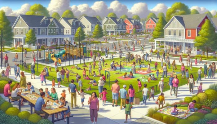 A vibrant neighbourhood park where children play safely, surrounded by supportive adults and community events.