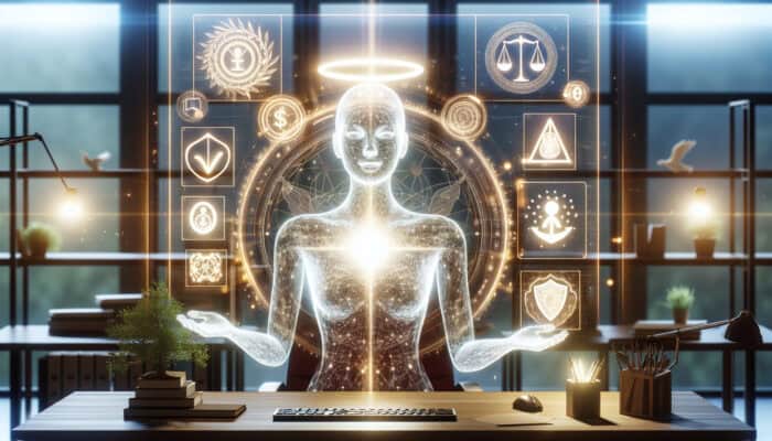 A glowing virtual assistant in a serene office, symbolising fair compensation and respect under ethical guidelines.