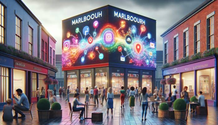 A vibrant digital billboard in Marlborough's town square showing ads on various platforms, with small business owners engaging customers.