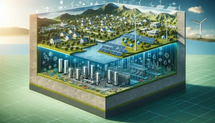 Cross-section of a modern water collection system showing filtration, storage, and distribution in a sustainable community.
