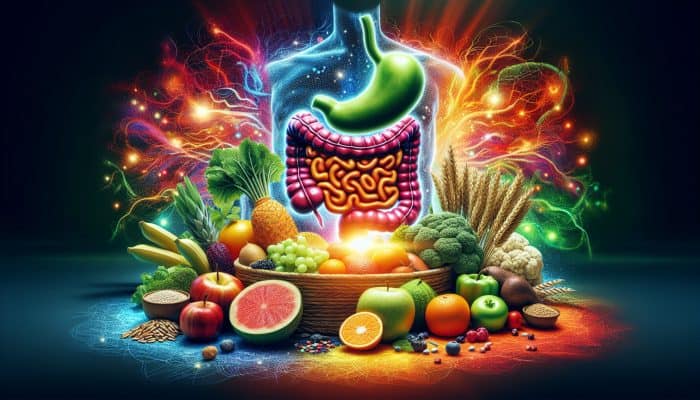 Fiber for Digestive Wellness: Illustration of fiber-rich foods and a glowing digestive system, symbolising health and vitality.