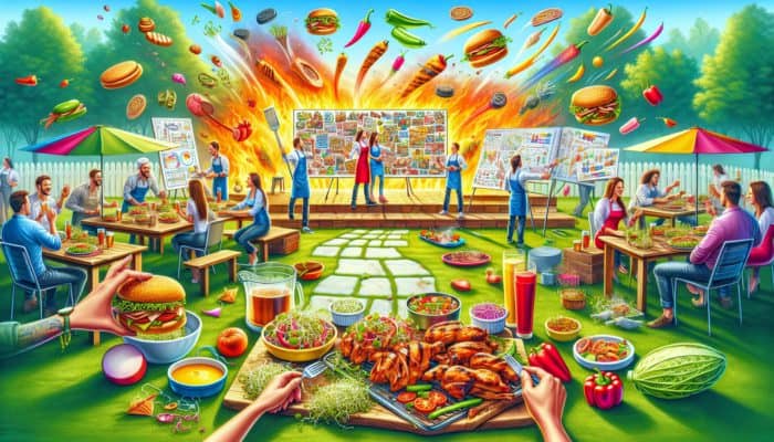 A vibrant BBQ scene with sprouts enhancing dishes like BBQ chicken salad and pulled pork sandwiches.