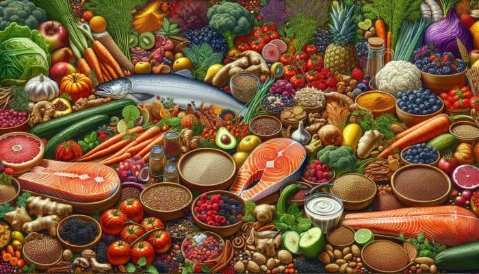 A kitchen counter in the UK displaying salmon, colourful vegetables, berries, quinoa, nuts, seeds, turmeric, and ginger.