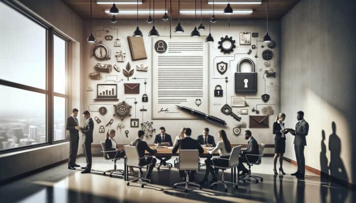 A legal "Non-Disclosure Agreement" document with signatures, locks, and keys, in a professional office setting with business professionals.