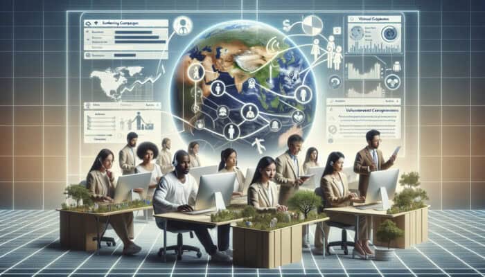 Diverse team of human virtual assistants managing fundraising and volunteer schedules for NGOs, enhancing efficiency and engagement.