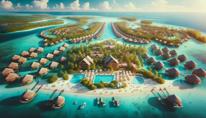 Aerial view of luxurious Belize resorts in 2025 with overwater bungalows and pristine beaches.
