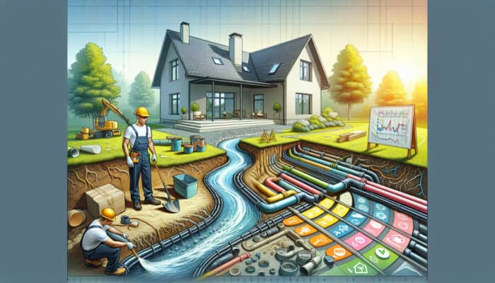 A professional installing a high-quality drainage system with proper grading away from a modern house, with a maintenance schedule visible.