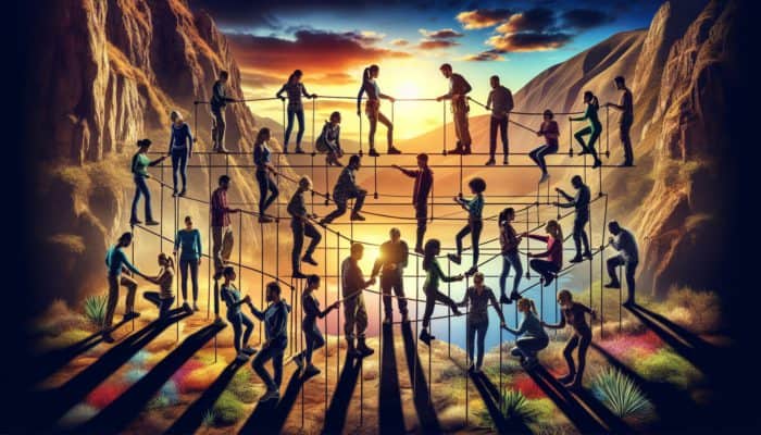 Diverse group in wilderness setting participating in trust-building exercises at sunset.