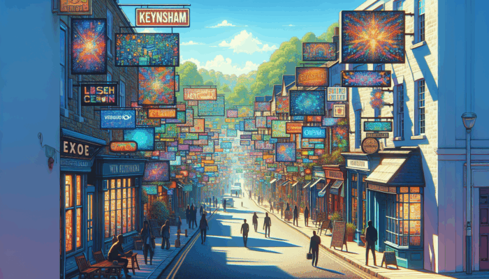 Keynsham high street with small businesses using vibrant digital ads for professional marketing strategies.