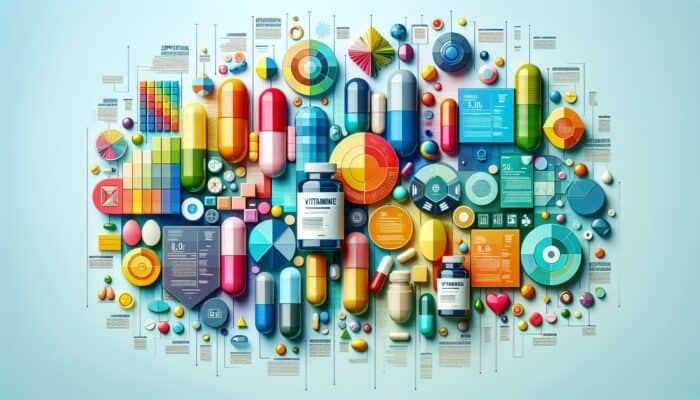 Vibrant infographic showcasing tips for creating content focused on supplements, featuring vitamins and capsules.