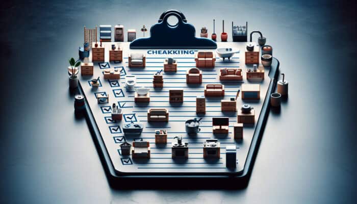Detailed checklist on clipboard for home clearing, listing items per room.