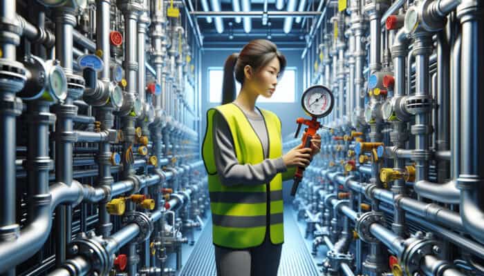 Certified professional inspecting plumbing system with specialised equipment in utility room to prevent backflow.