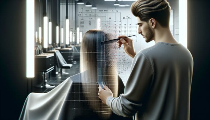 A hairstylist using horizontal, vertical, and diagonal sectioning techniques in a modern salon.