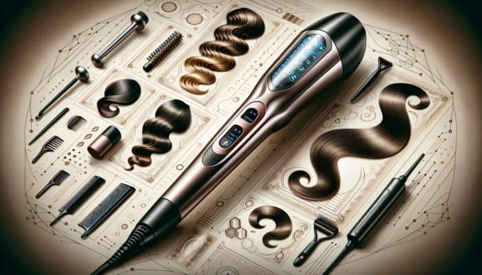 Applying T3 Curling Irons for Barrel Waves: A modern T3 curling iron with digital display, surrounded by luxurious, salon-quality curls.