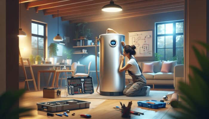 Modern hot water tank in a cozy Ladner, Delta basement, serviced by a professional plumber.