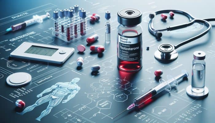 Testosterone Blood Test in Bridgend: A medical scene with a blood draw for testosterone test, vials, equipment, and a chart on muscle, fat, and sexual desire.