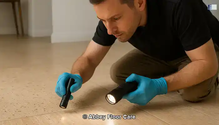 Technician assessing vein cut travertine for pitting, moisture and surface wear.