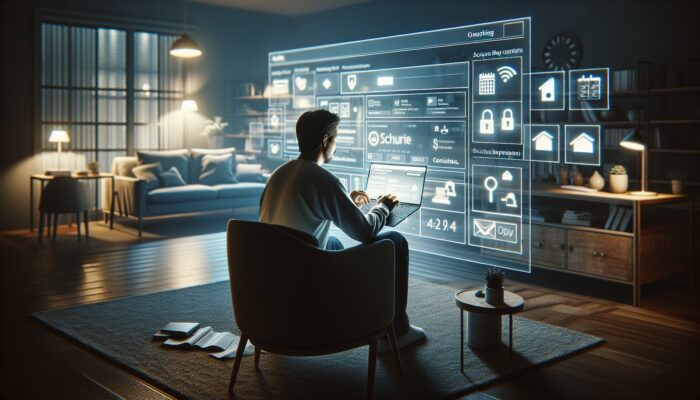 A person checking online booking details on a laptop in a warm home office, featuring secure payment icons and a calendar.