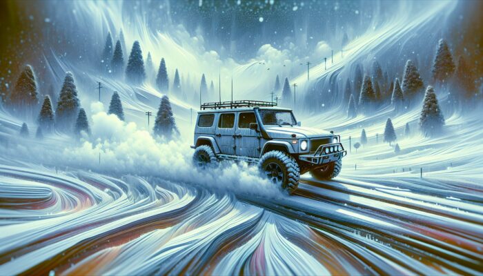 A robust SUV equipped with snow tires and a powerful heating system navigating safely through icy, snowy roads.