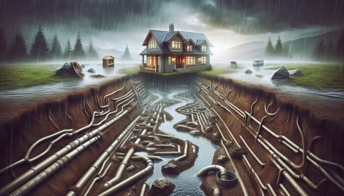 French drain system in Port Coquitlam redirecting water from a residential foundation amidst heavy rain and clay soil.